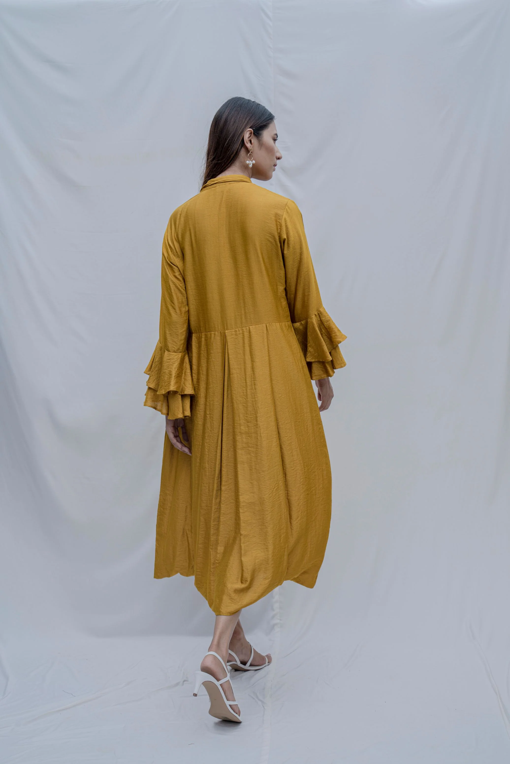 Mustard Front Pleated Cowl Dress With Bell Sleeve & Necklace - Image 3