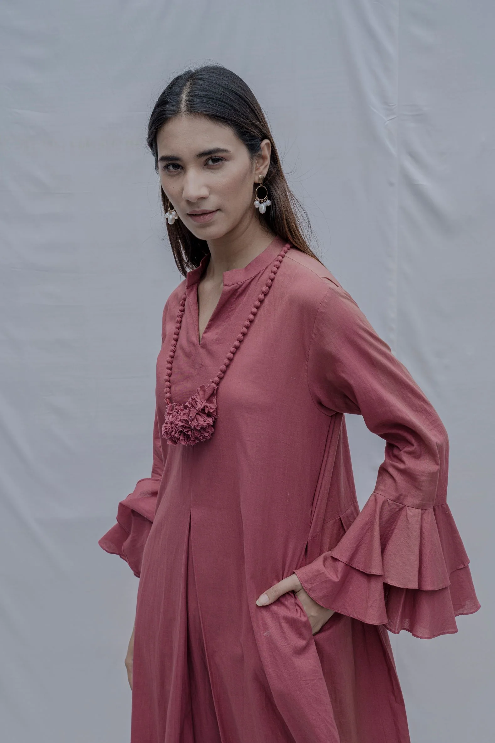 Rust Front Pleated Dress with Bell Sleeves & Necklace - Image 3