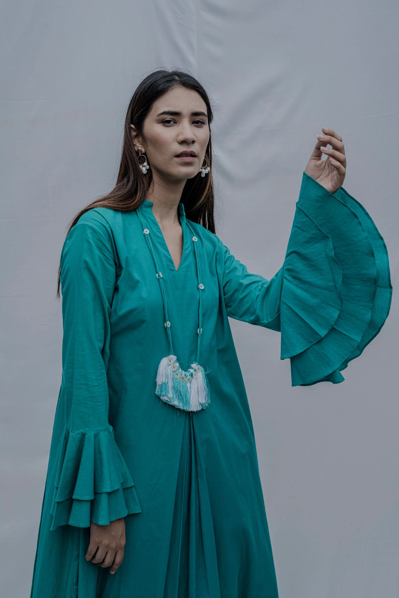 Turquoise Blue Front Pleated Dress with Bell Sleeves & Necklace - Image 2
