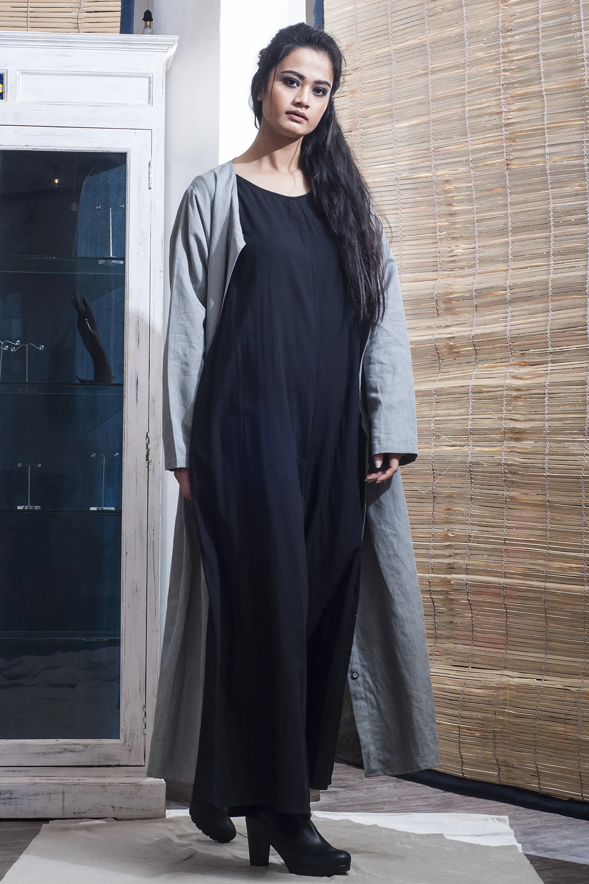 Gabi - Black Jumpsuit With Grey Floor Length Jacket