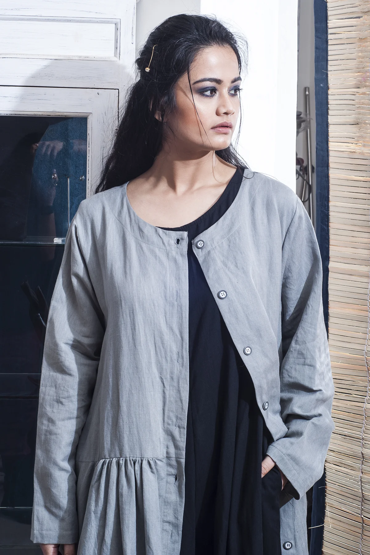 Gabi - Black Jumpsuit With Grey Floor Length Jacket - Image 3