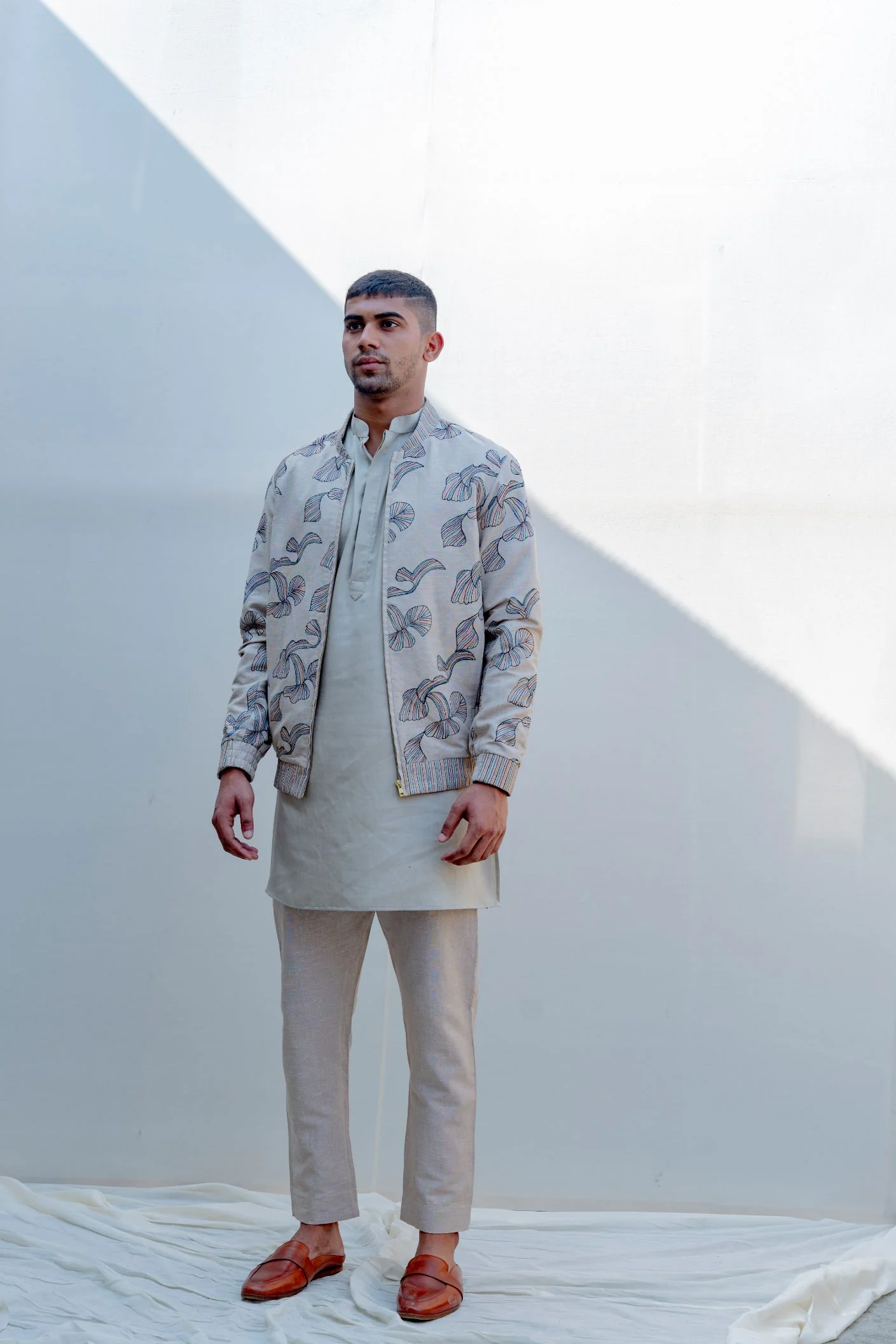 I & YOU- Beige Abstract Embroidered Jacket With Kurta Set - Image 3