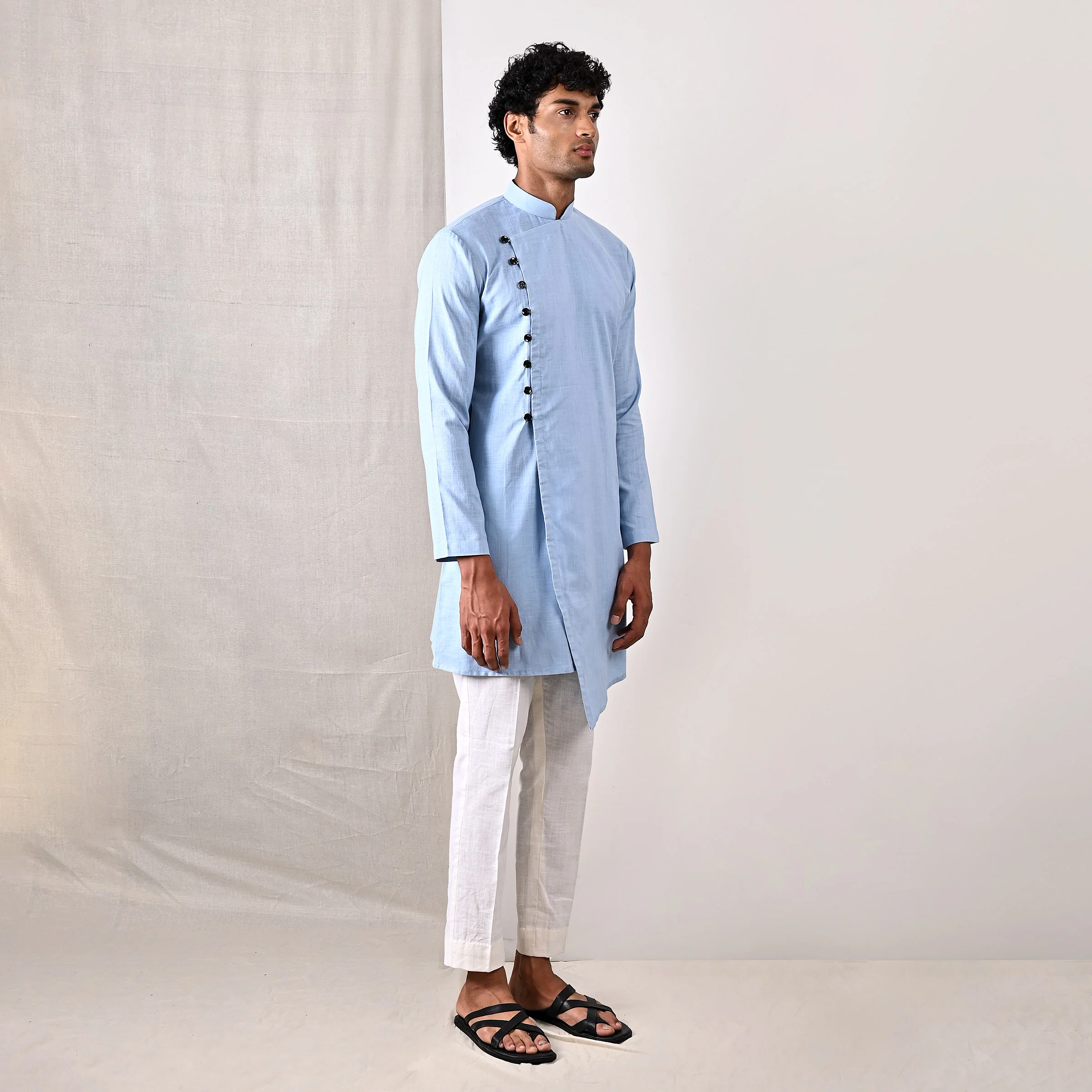 Jaxon - Sky Blue Asymmetrical Kurta With Off White Pant Set - Image 2
