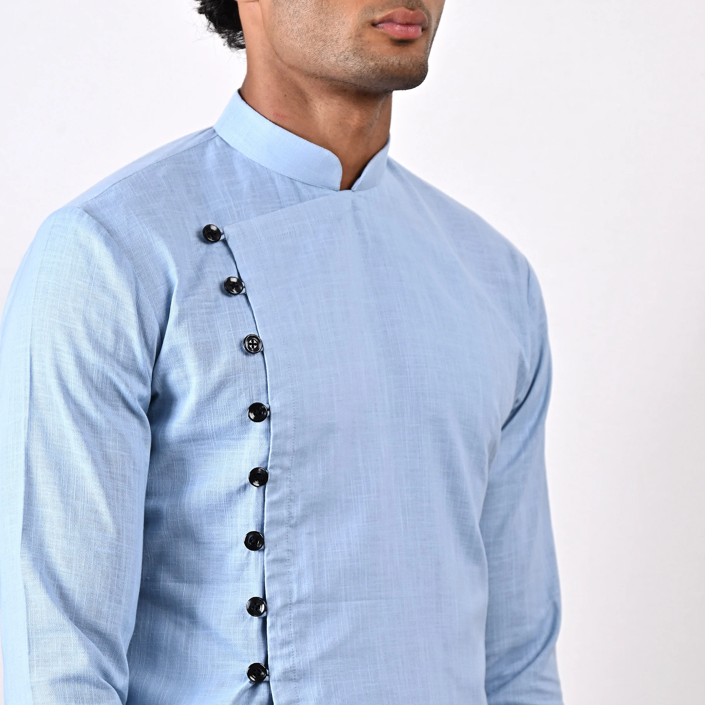 Jaxon - Sky Blue Asymmetrical Kurta With Off White Pant Set - Image 5