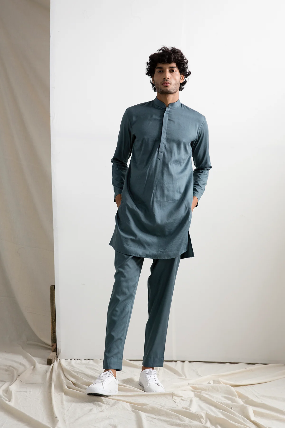 Jeff -Tie & Dye Asymmetric Jacket with Grey Kurta Set - Image 3