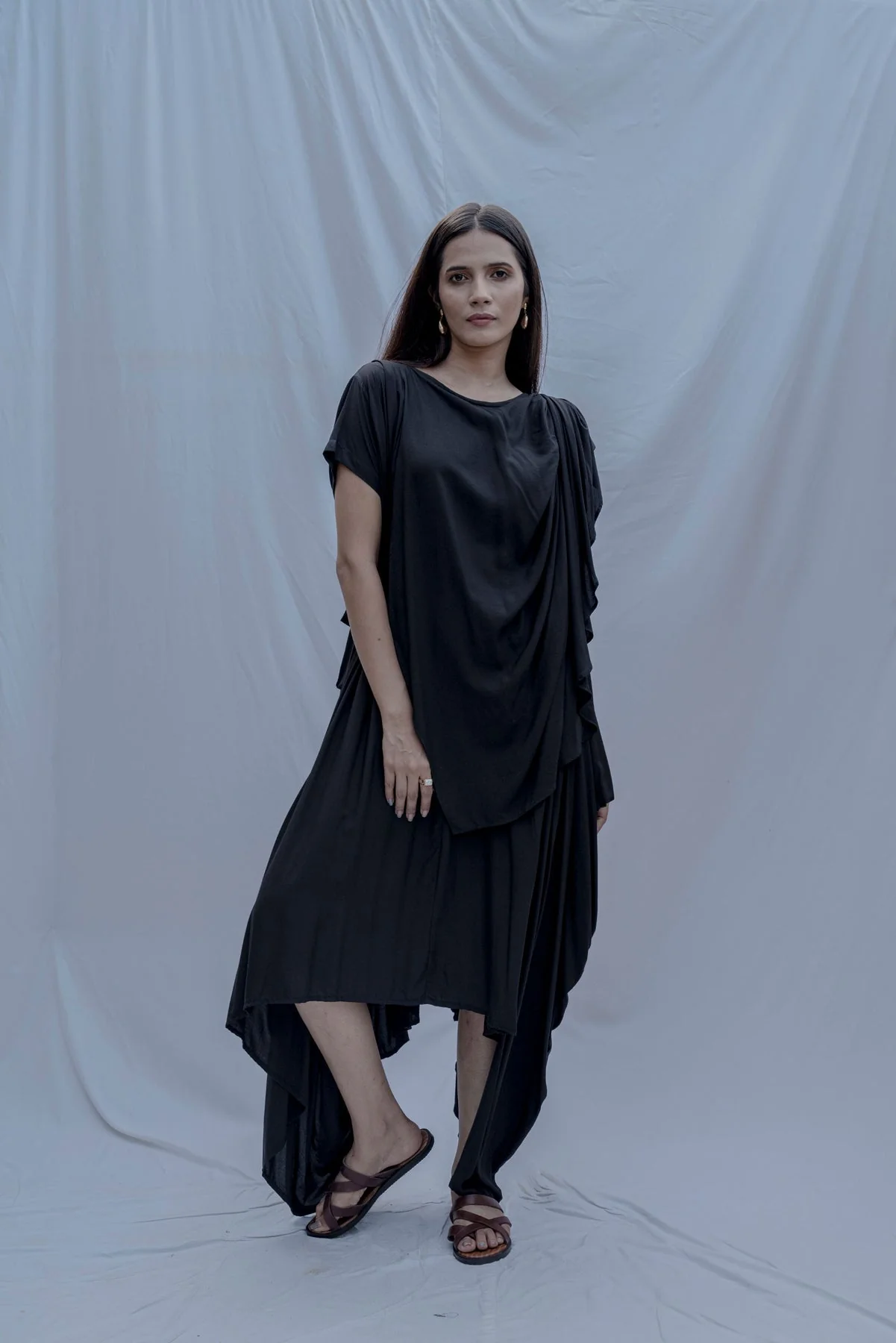 JESS- BLACK OVERLAP ASYMMETRIC DRAPED DRESS - Image 4