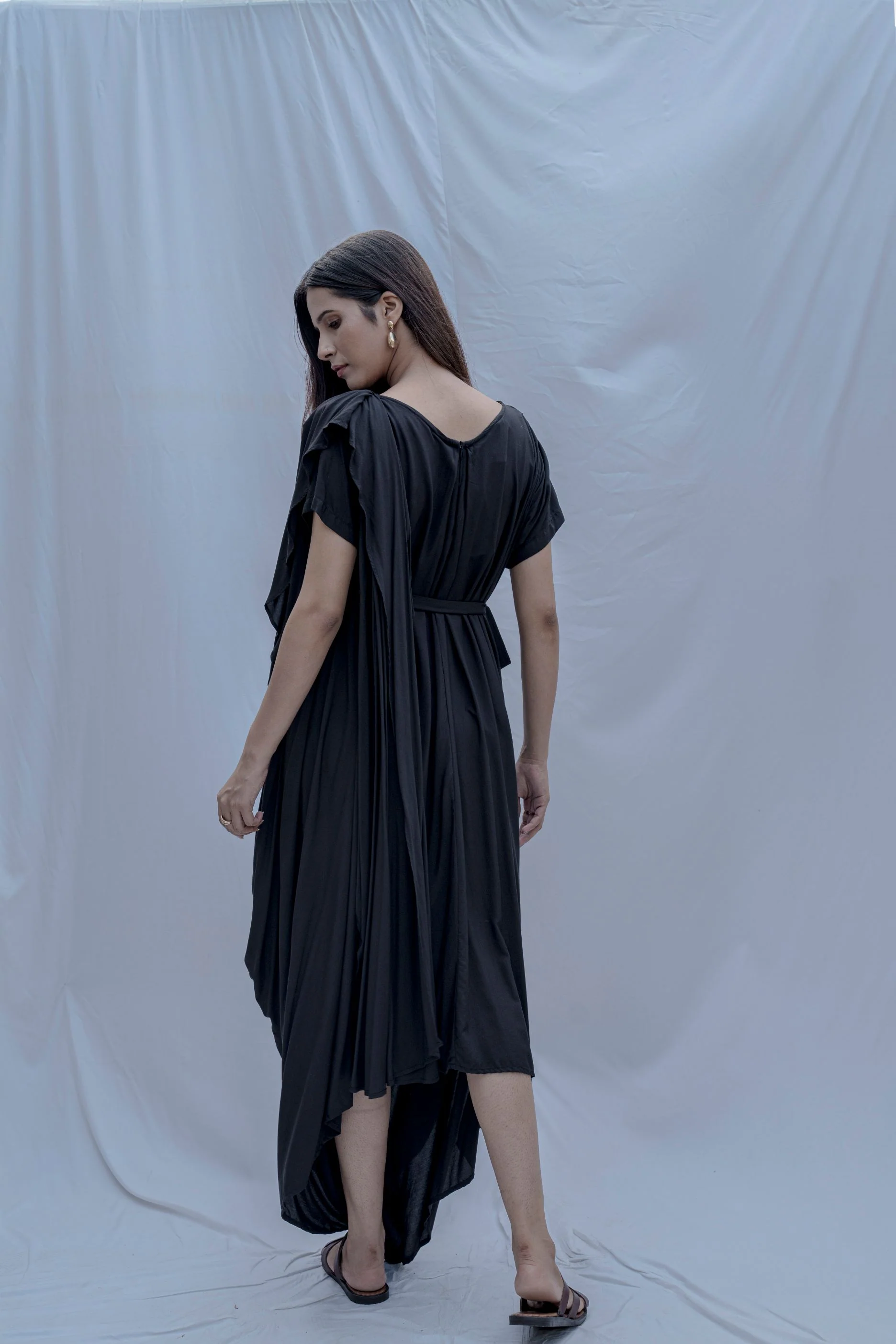 Jess- Black Overlap Asymmetric Draped Dress - Image 3