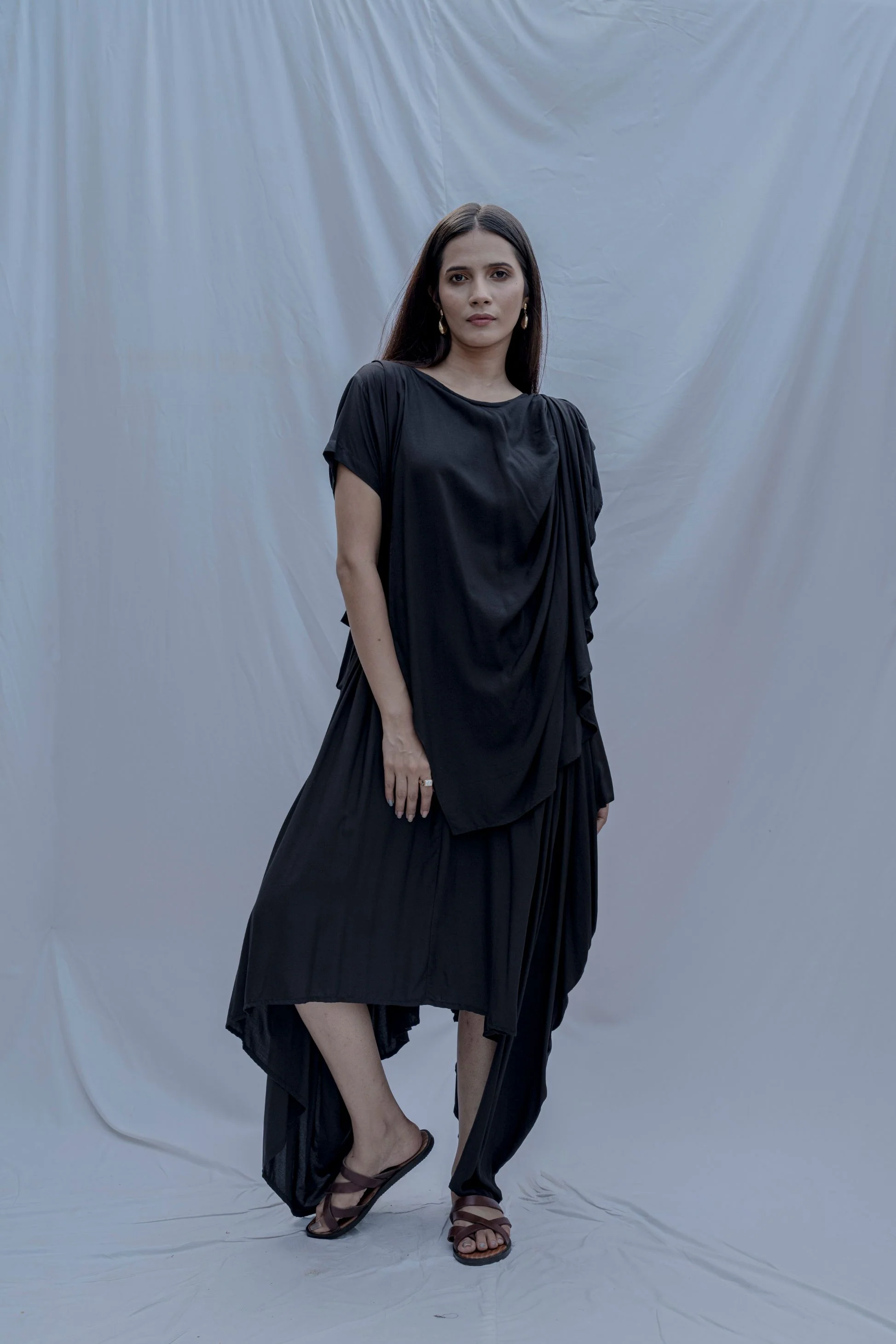 Jess- Black Overlap Asymmetric Draped Dress - Image 4