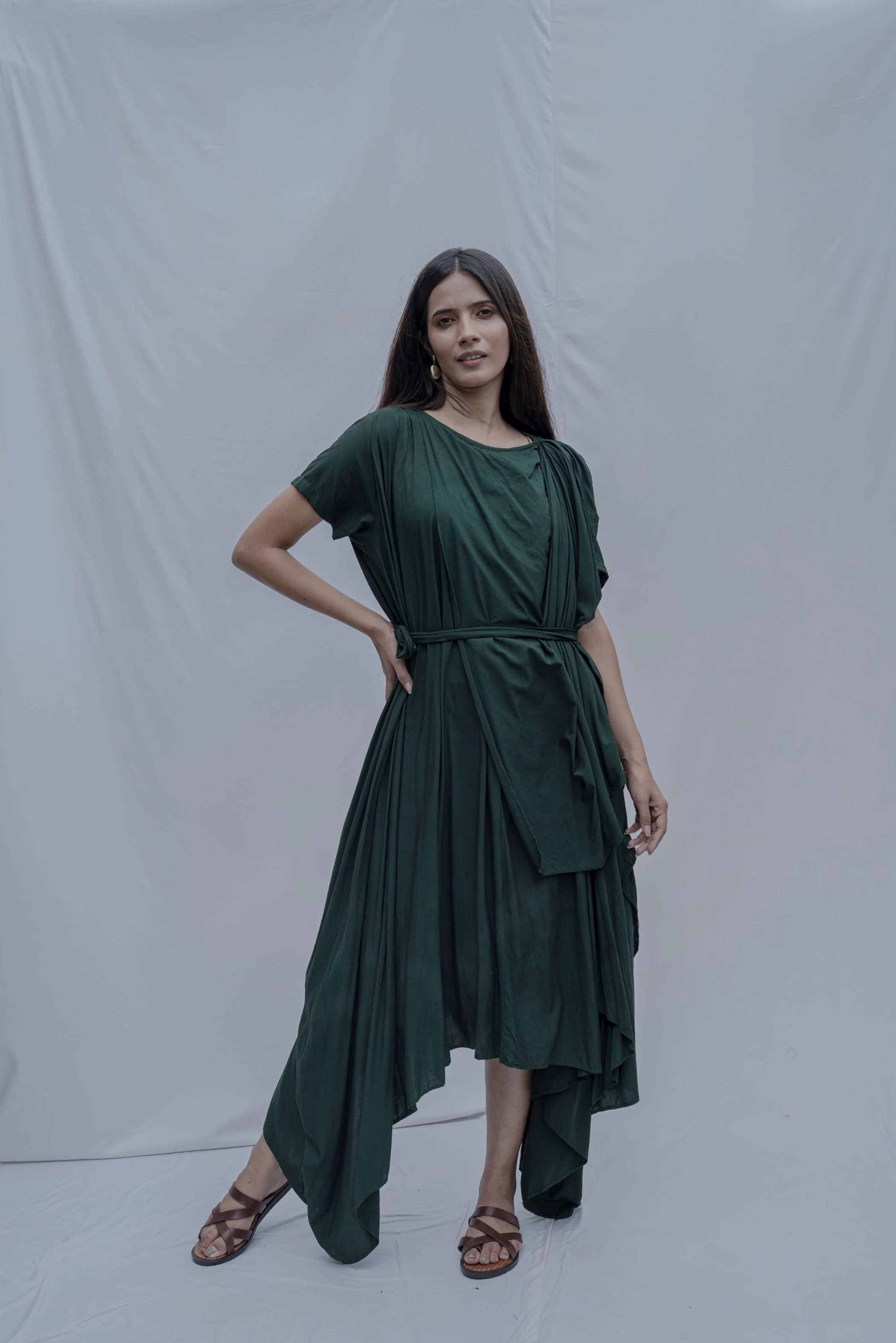 Jess- Bottle Green Overlap Asymmetric Draped Dress - Image 4