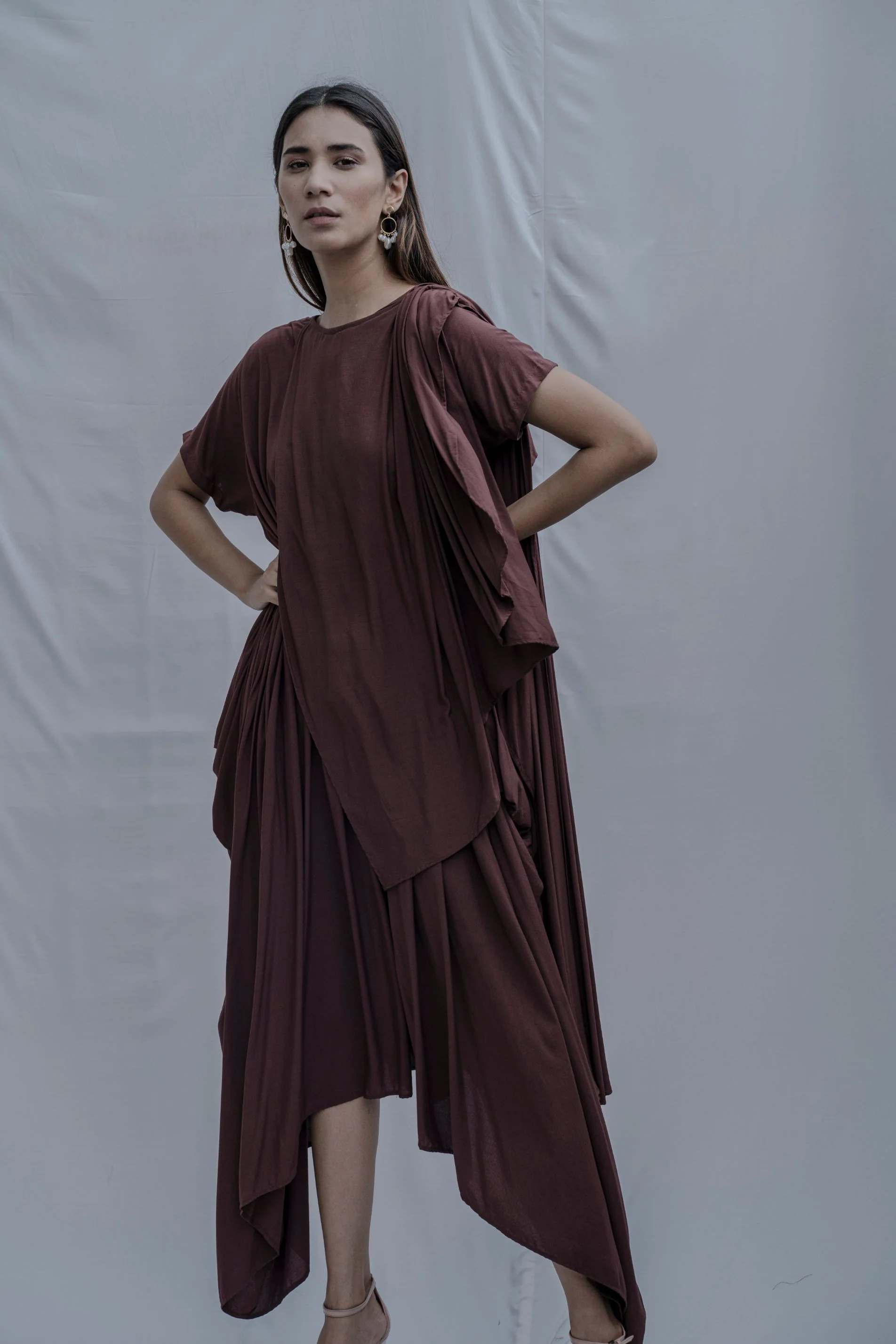 Jess- Brown Overlap Asymmetric Draped Dress - Image 5