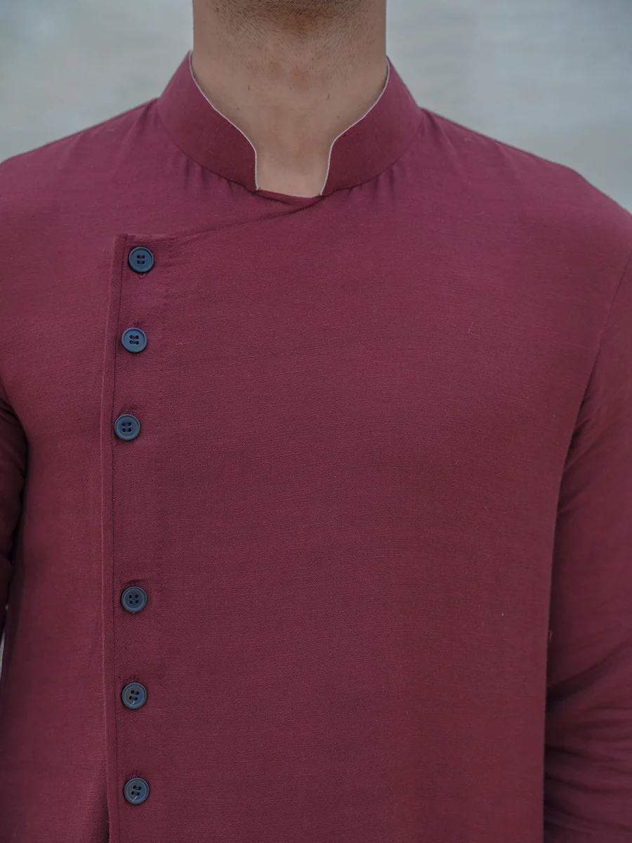 Cotton X Linen Maroon Kurta with Off-White Pant Set - Image 3
