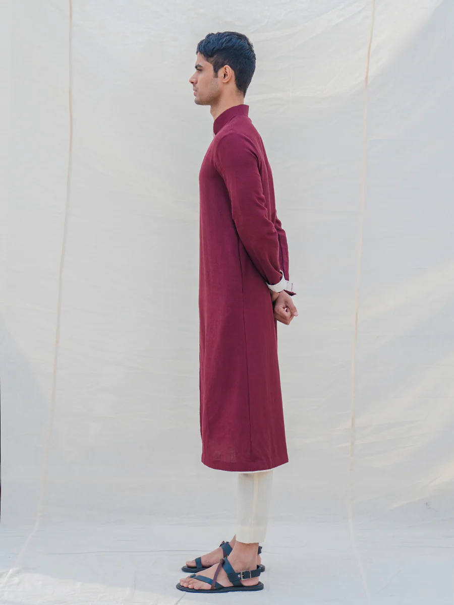 Cotton X Linen Maroon Kurta with Off-White Pant Set - Image 5