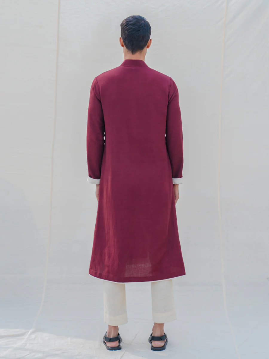Cotton X Linen Maroon Kurta with Off-White Pant Set - Image 6