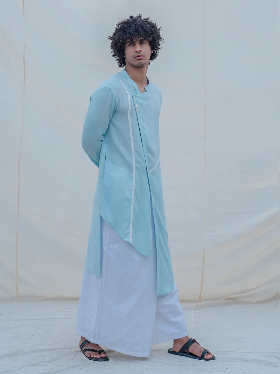 Cotton X Linen Aqua Blue Asymmetric Kurta - Image 3