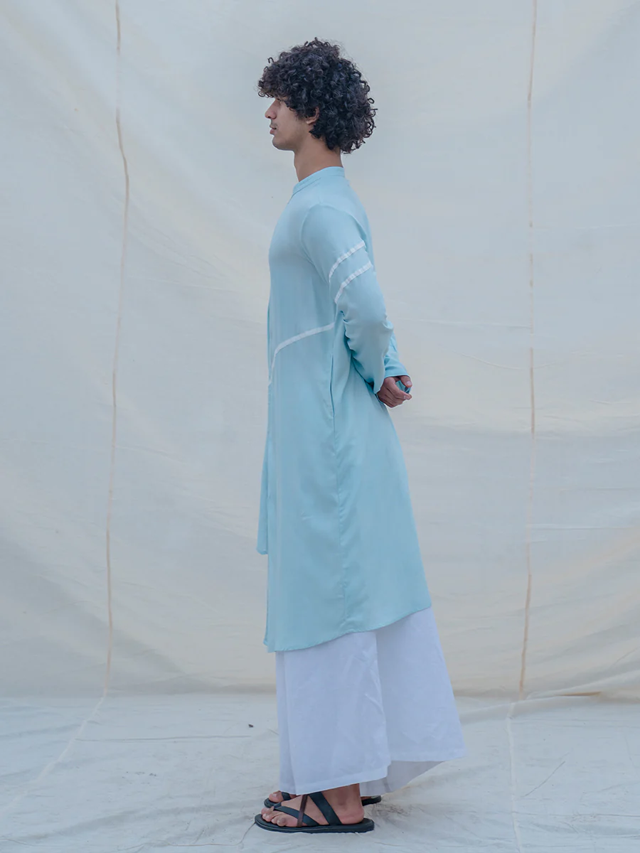 Cotton X Linen Aqua Blue Asymmetric Kurta - Image 4