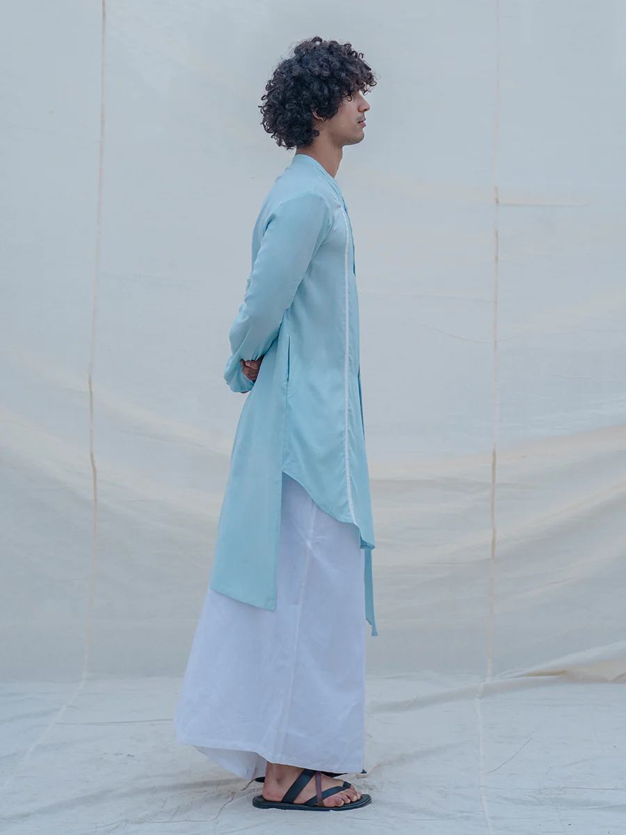 Cotton X Linen Aqua Blue Asymmetric Kurta - Image 5