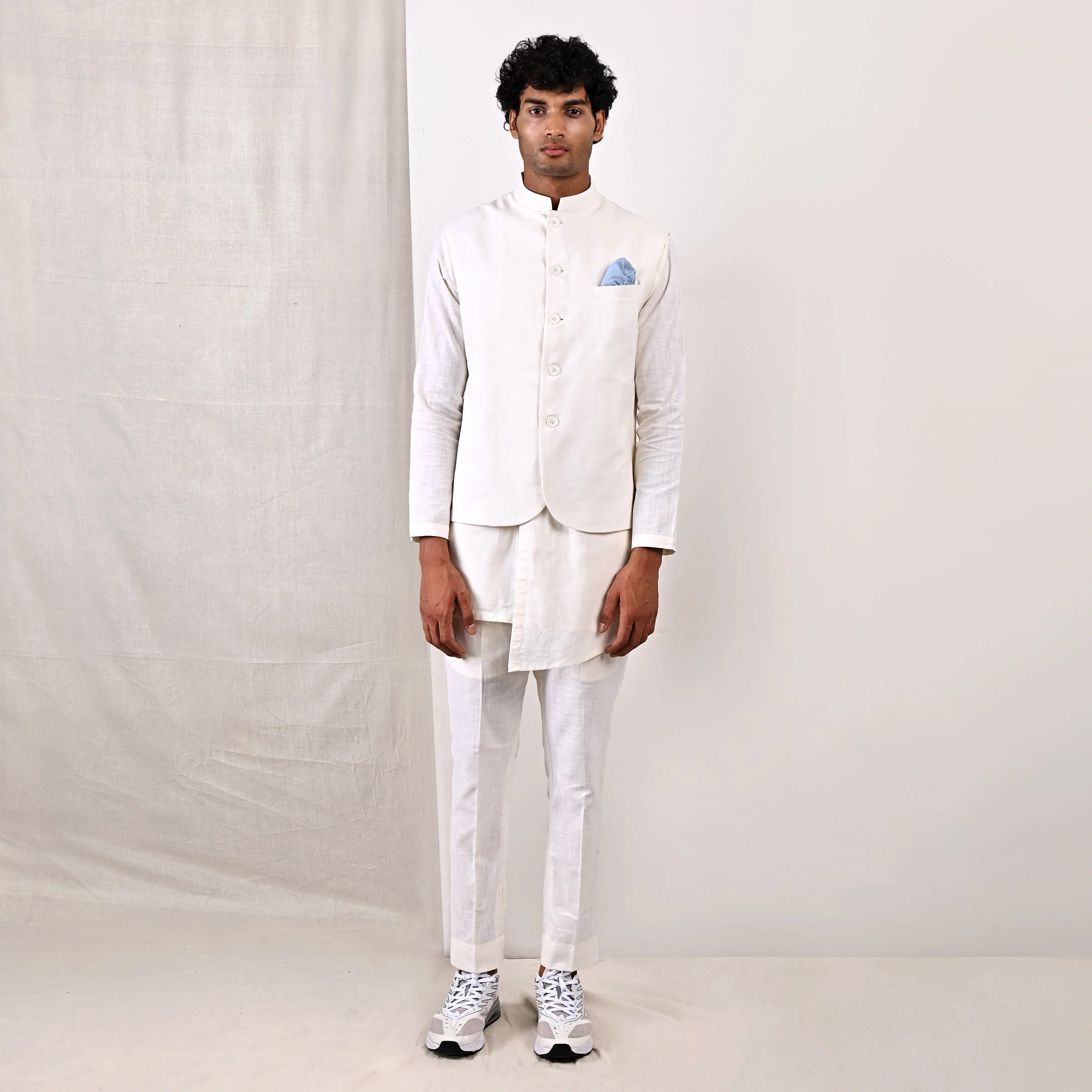 Layne - Off White Nehru Jacket with Asymmetrical Overlapped Kurta Set