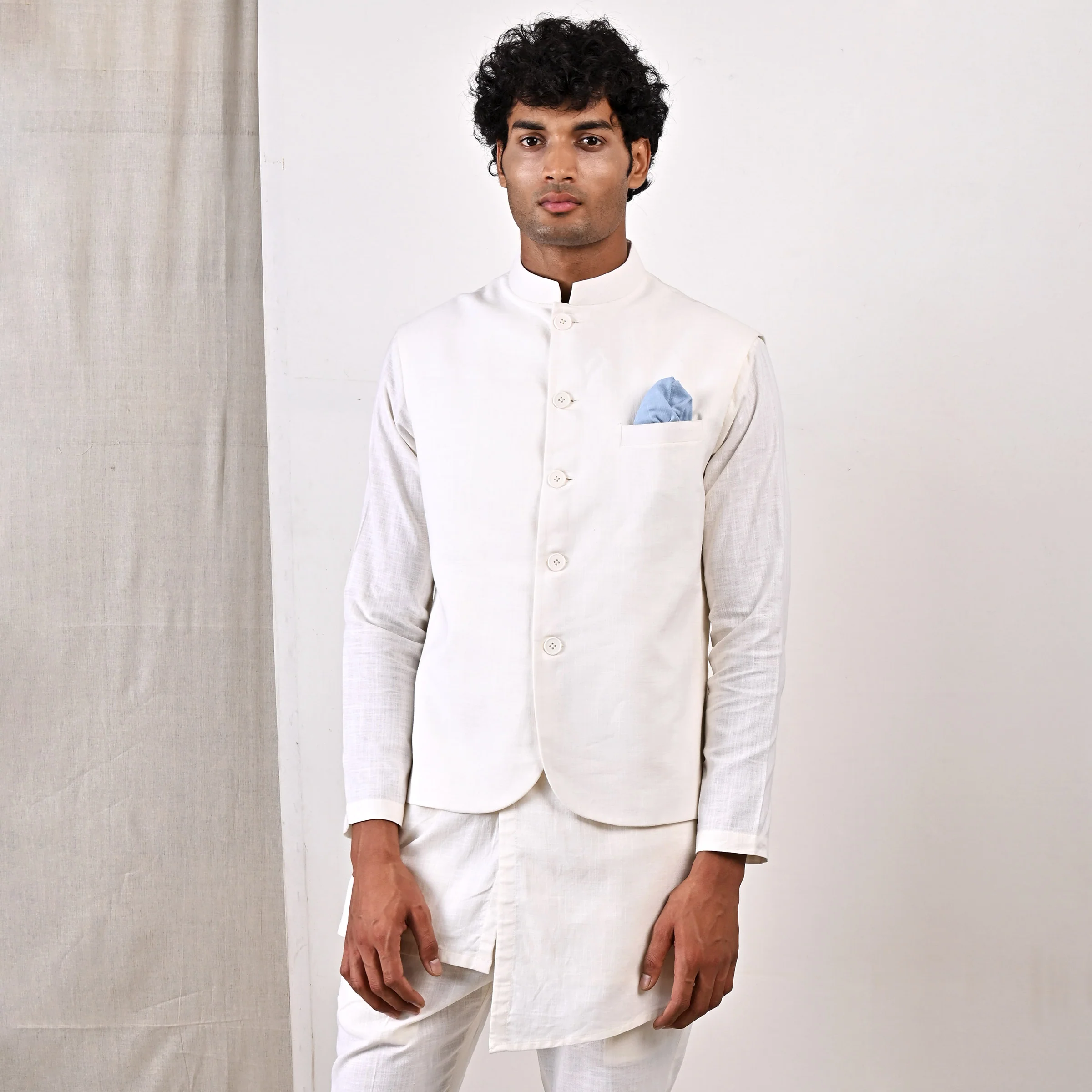 Layne - Off White Nehru Jacket with Asymmetrical Overlapped Kurta Set - Image 3