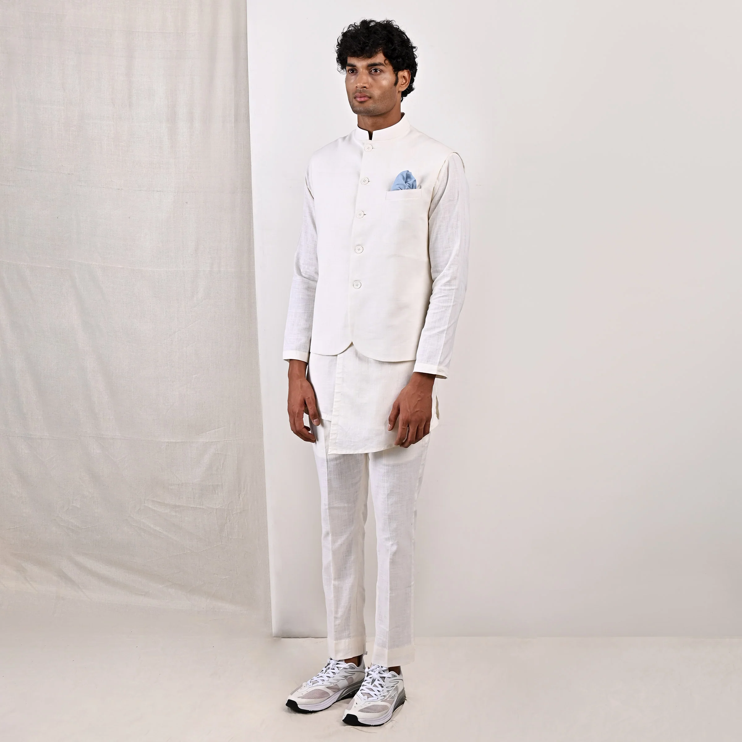 Layne - Off White Nehru Jacket with Asymmetrical Overlapped Kurta Set - Image 6