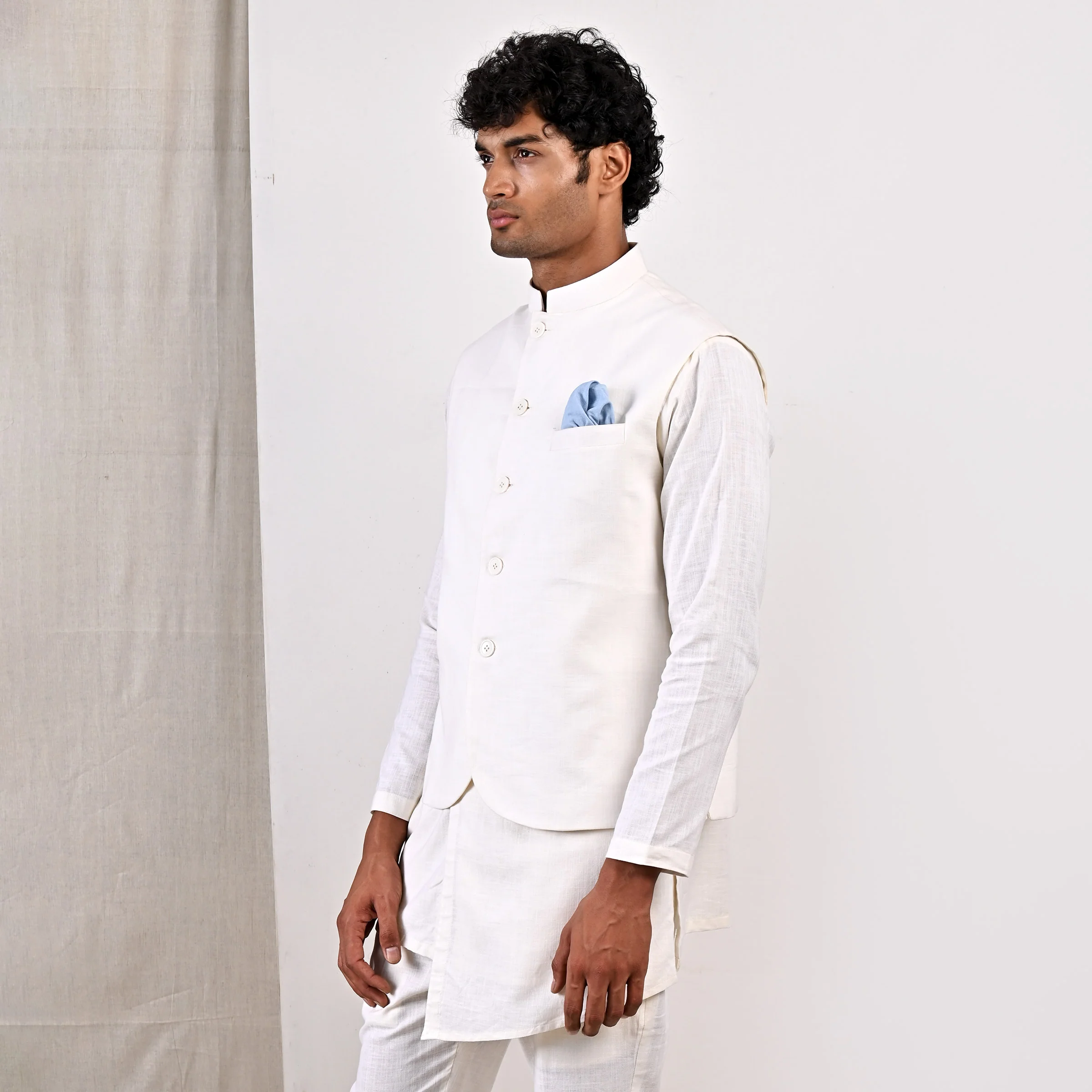 Layne - Off White Nehru Jacket with Asymmetrical Overlapped Kurta Set - Image 7