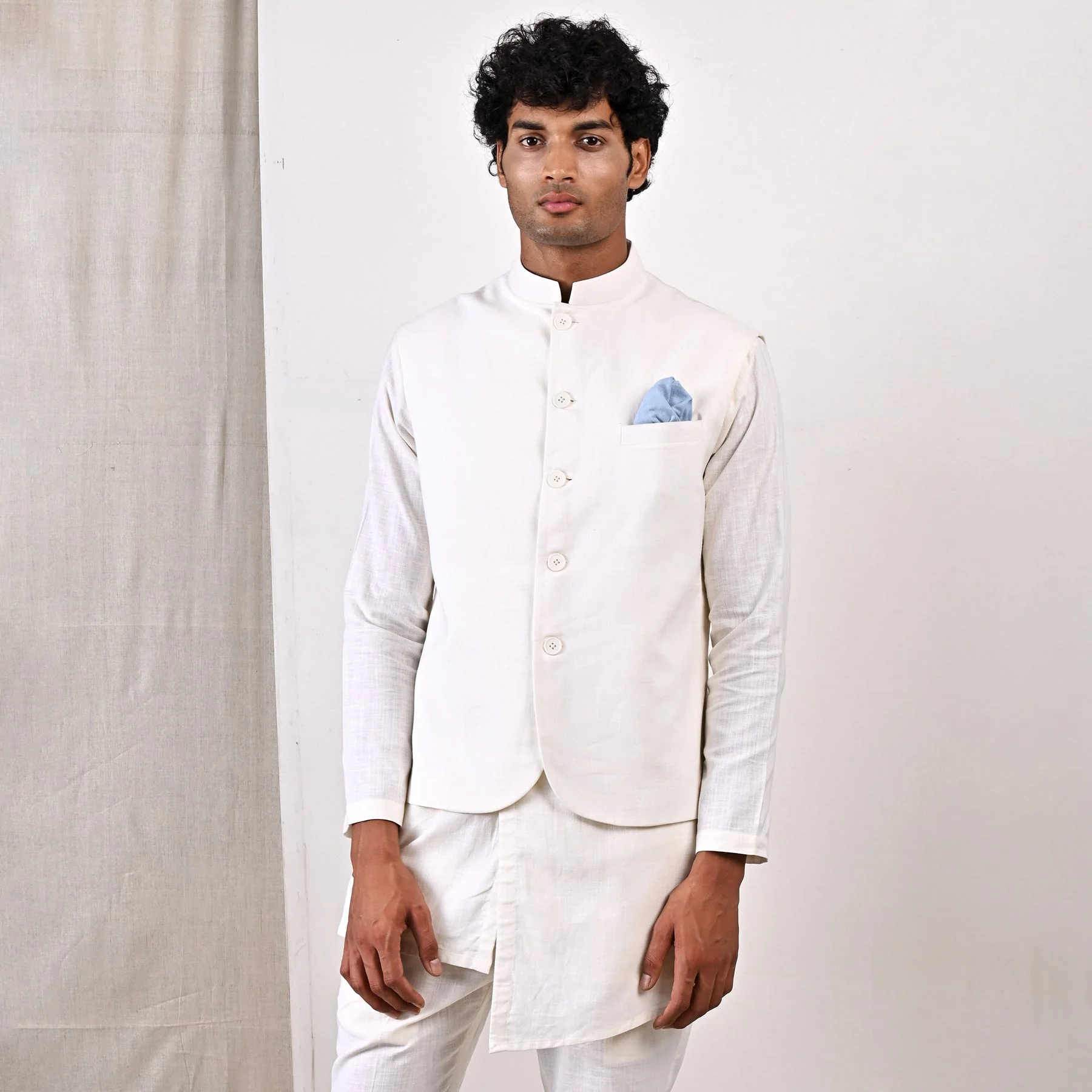 LAYNE - OFF WHITE NEHRU JACKET WITH ASYMMETRICAL OVERLAPPED KURTA SET - Image 3