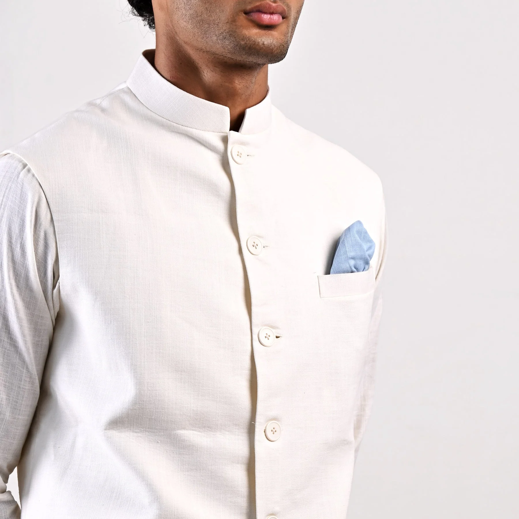 LAYNE - OFF WHITE NEHRU JACKET WITH ASYMMETRICAL OVERLAPPED KURTA SET - Image 4