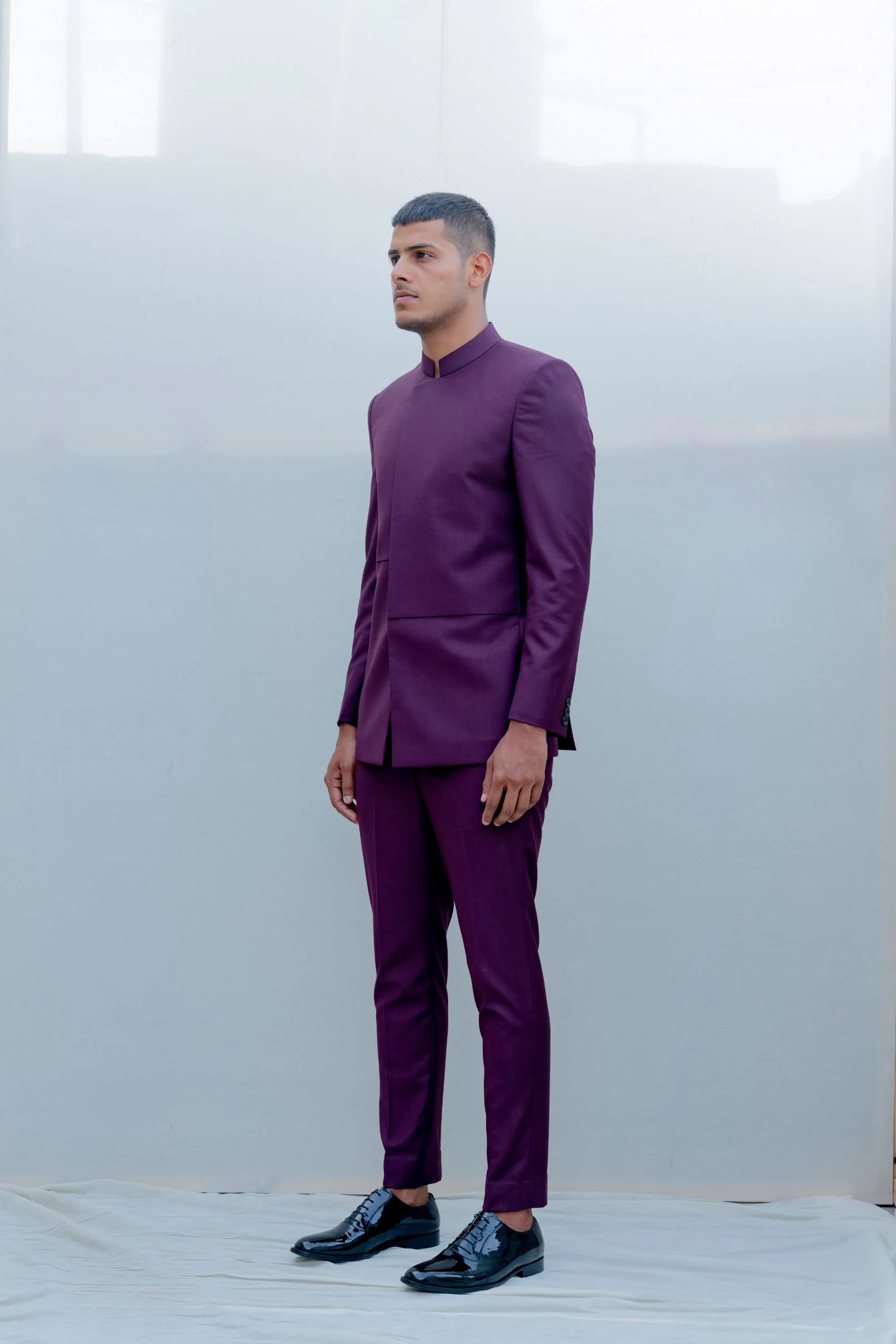 Majestic- Wine Asymmetric Indo-Western Jacket Set - Image 2