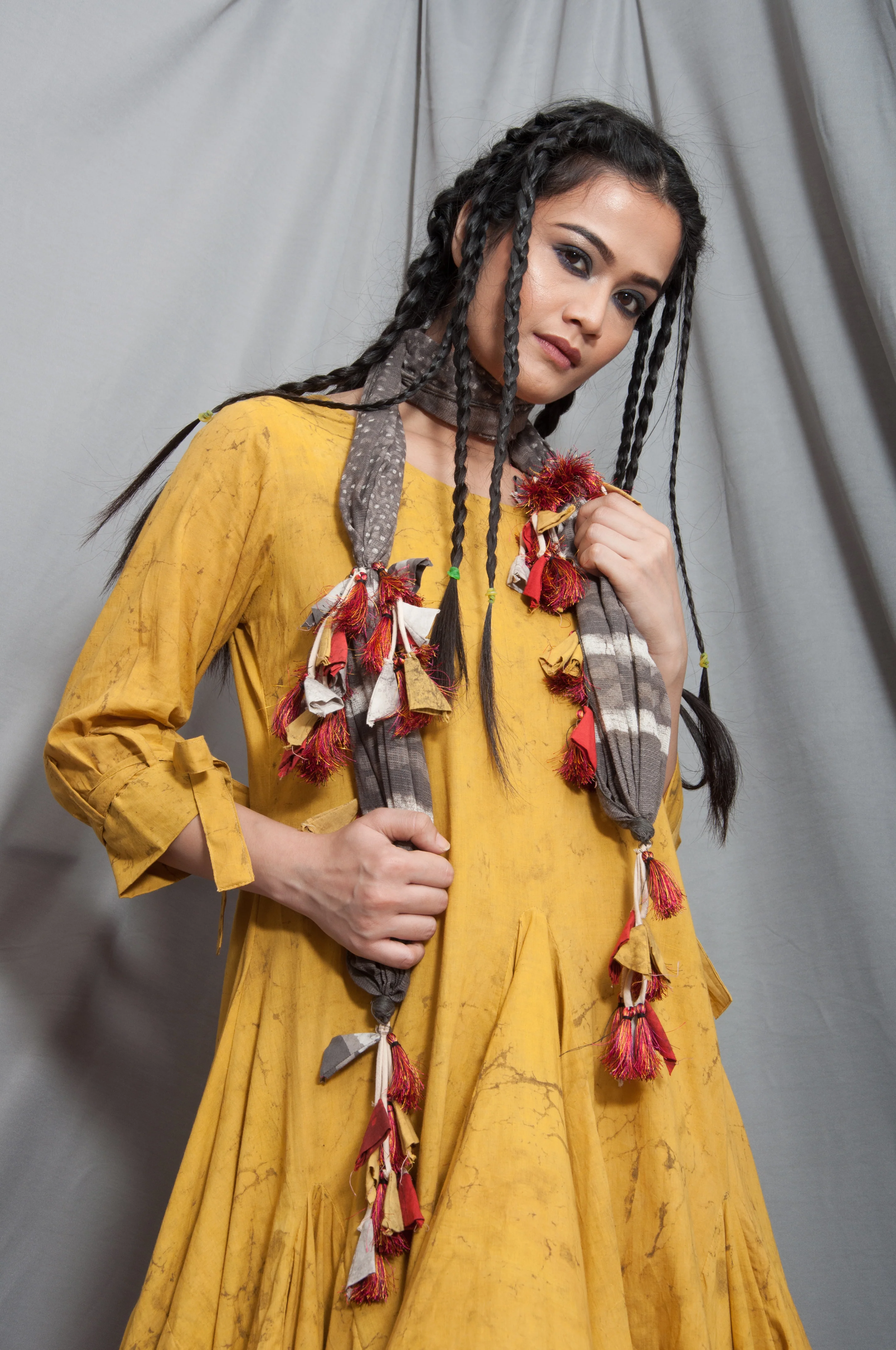 Margarita- Mustard Cowl Dress with Scarf - Image 3