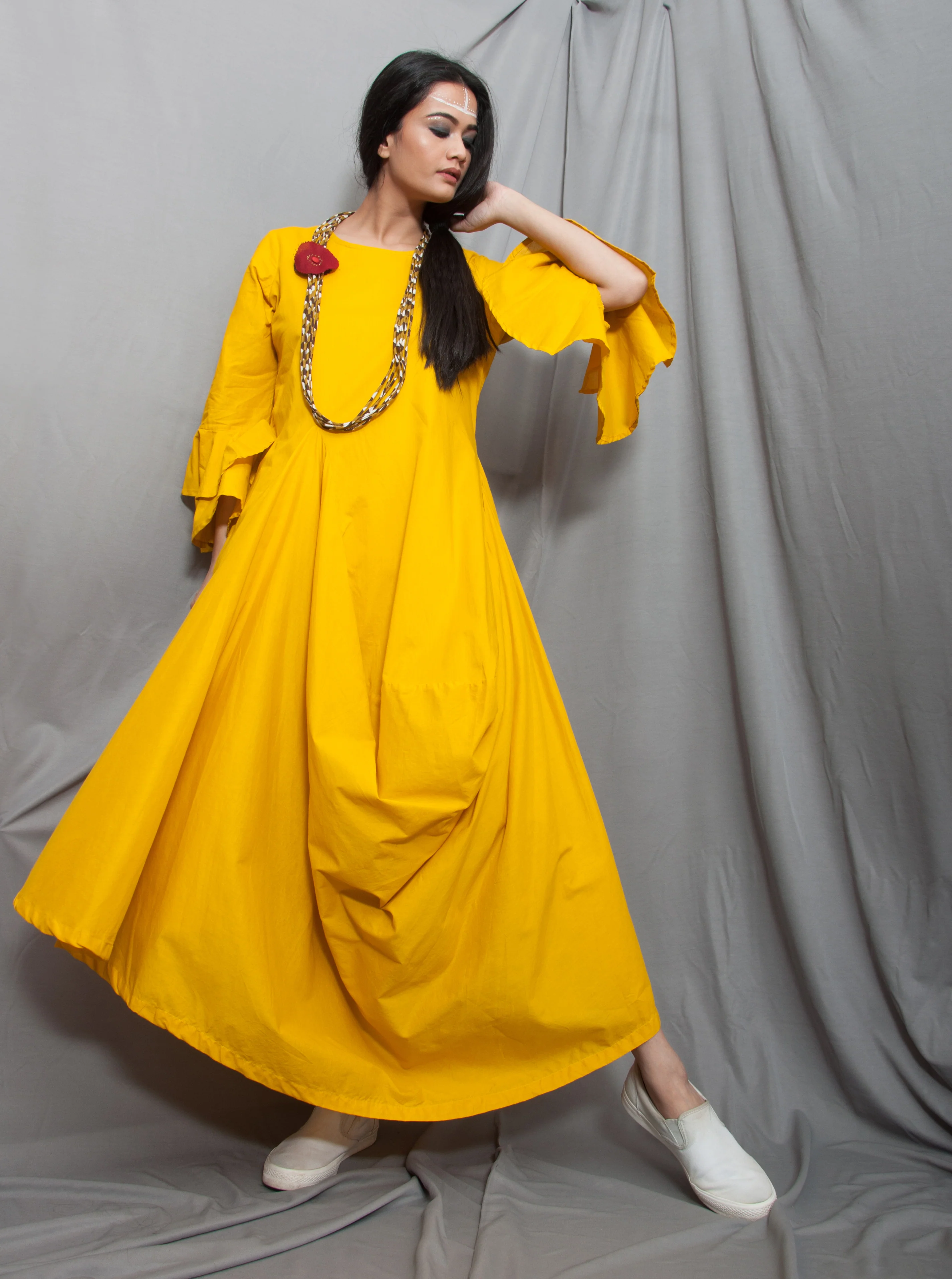 Marigold- Mustard Cowl Dress With Necklace & Bell Sleeves - Image 3