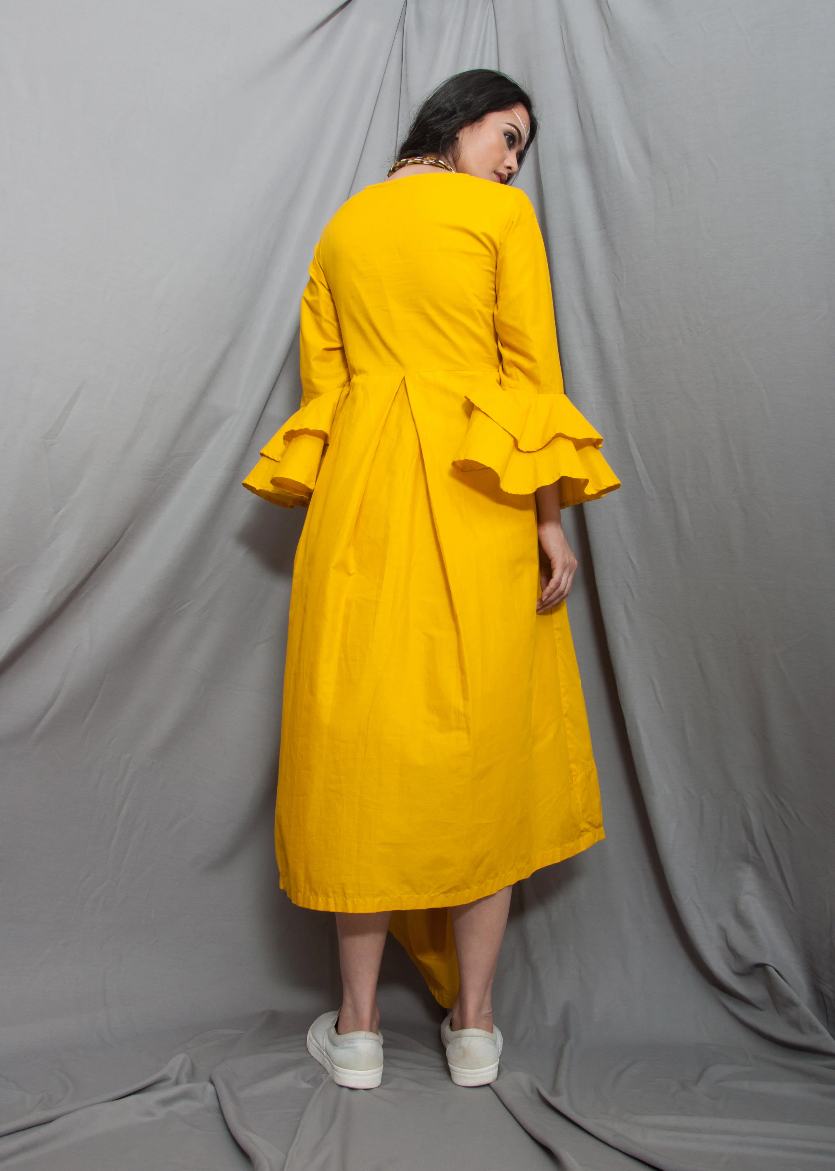 Marigold- Mustard Cowl Dress With Necklace & Bell Sleeves - Image 4