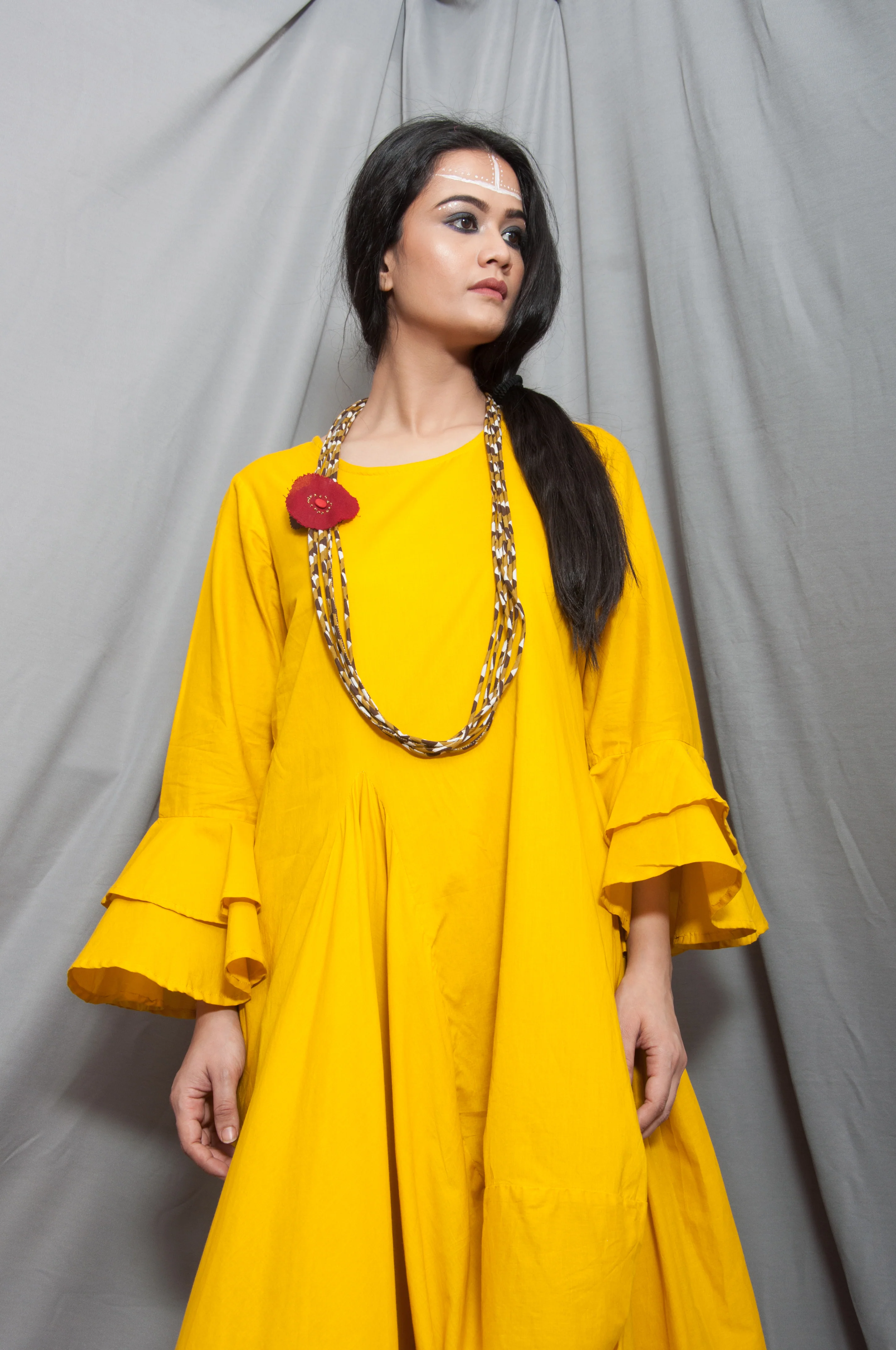 Marigold- Mustard Cowl Dress With Necklace & Bell Sleeves - Image 6