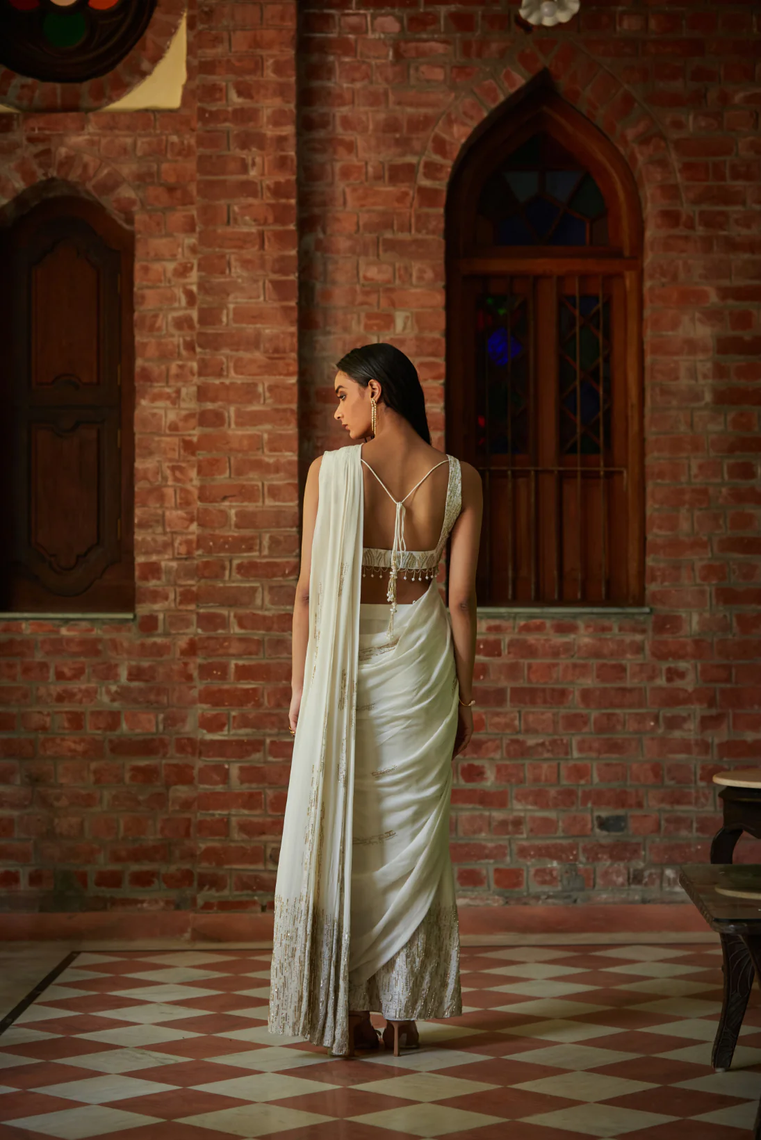 Milky-Way Draped Saree in Off-White - Image 4