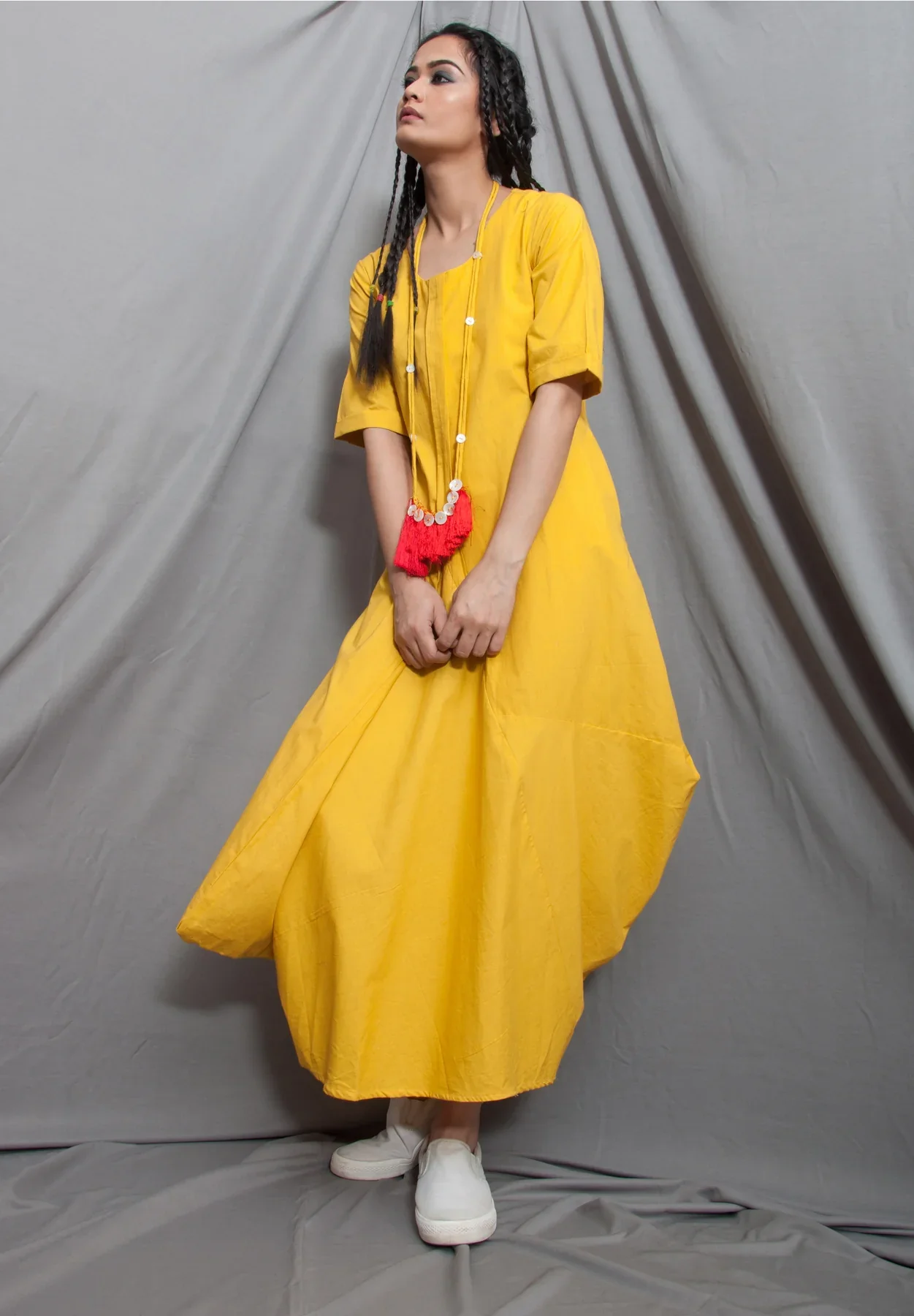 Natura- Mustard Jumpsuit Cum Cowl Dress with Necklace