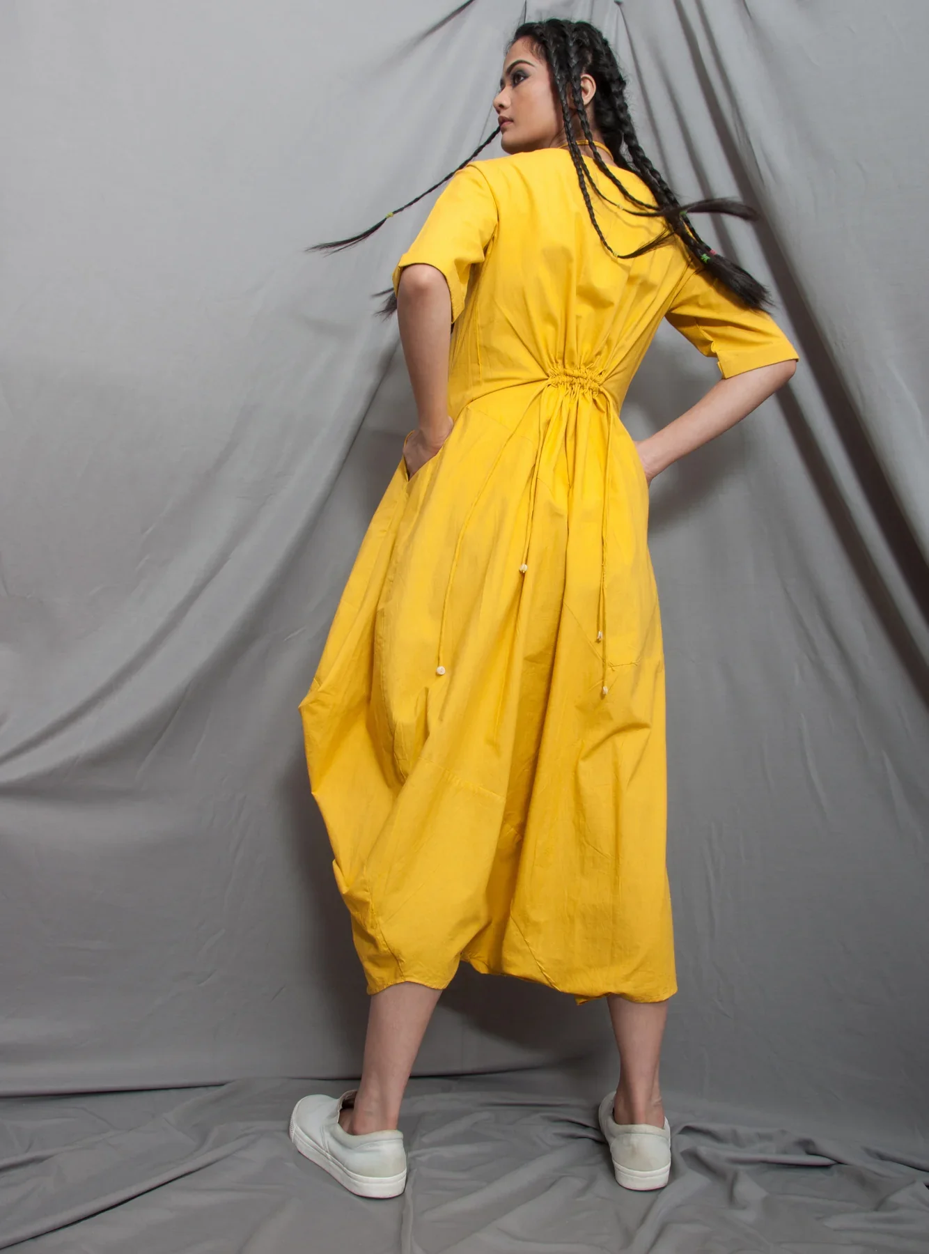 Natura- Mustard Jumpsuit Cum Cowl Dress with Necklace - Image 2