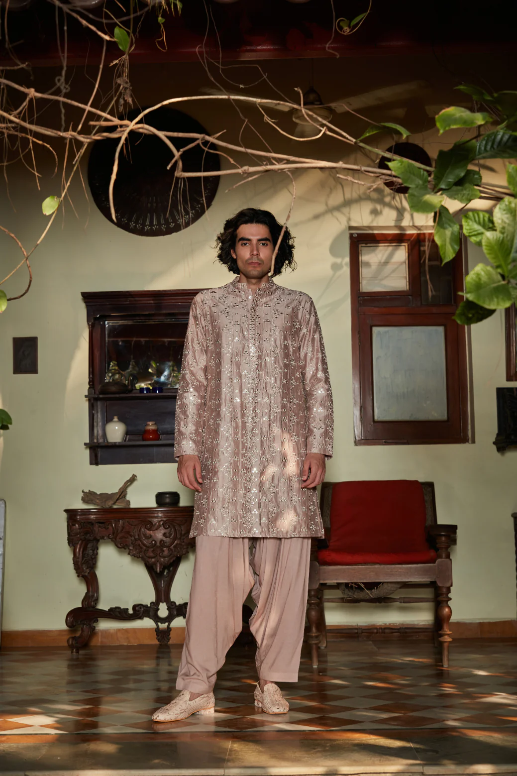 Nouveau- Embroidered Kurta set in Champagne color - Image 3