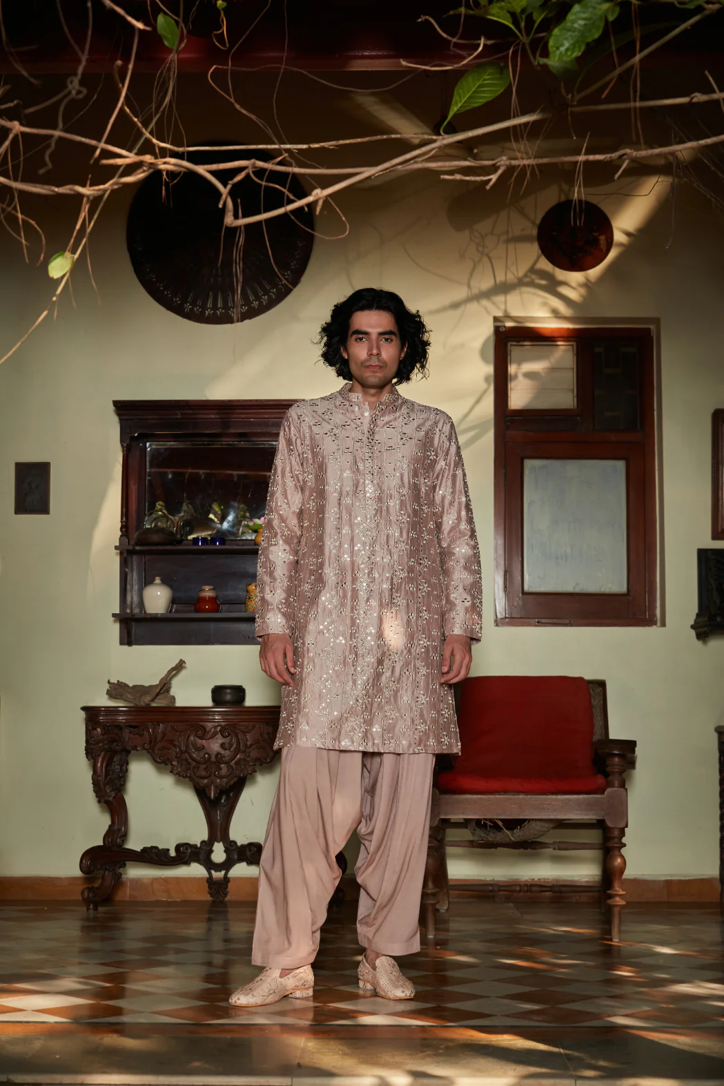Nouveau- Embroidered Kurta set in Champagne color - Image 4