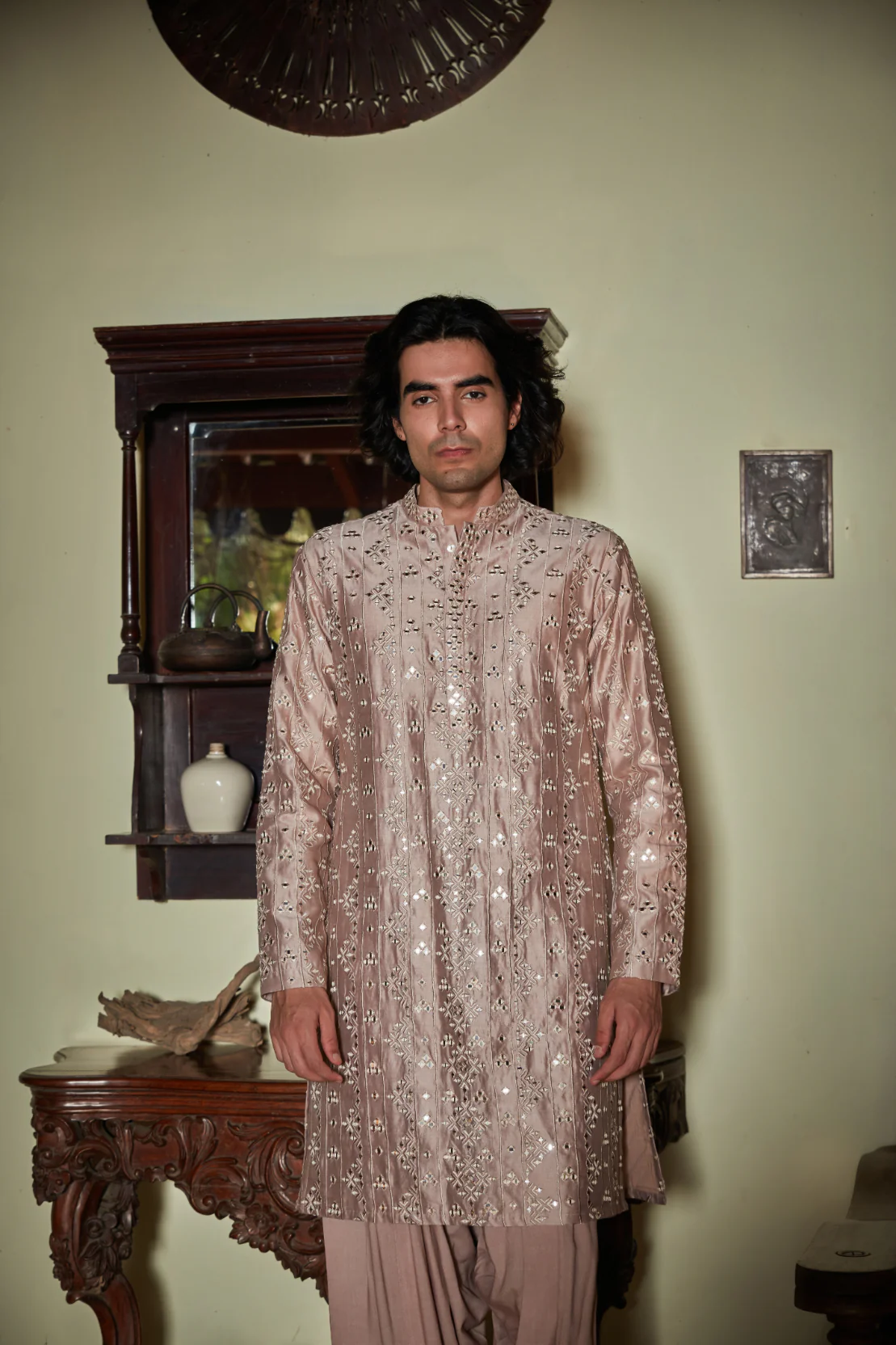 Nouveau- Embroidered Kurta set in Champagne color - Image 6