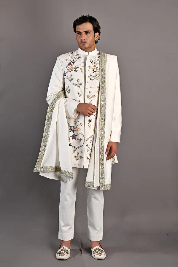 OAKLEY - OFF WHITE HAND EMBROIDERY SHERWANI JACKET SET - Image 3