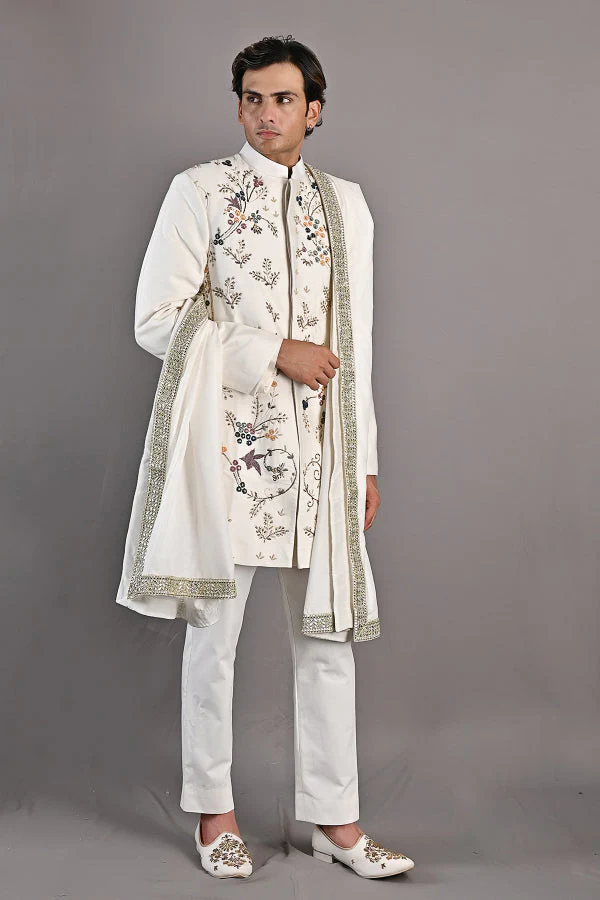 OAKLEY - OFF WHITE HAND EMBROIDERY SHERWANI JACKET SET - Image 4