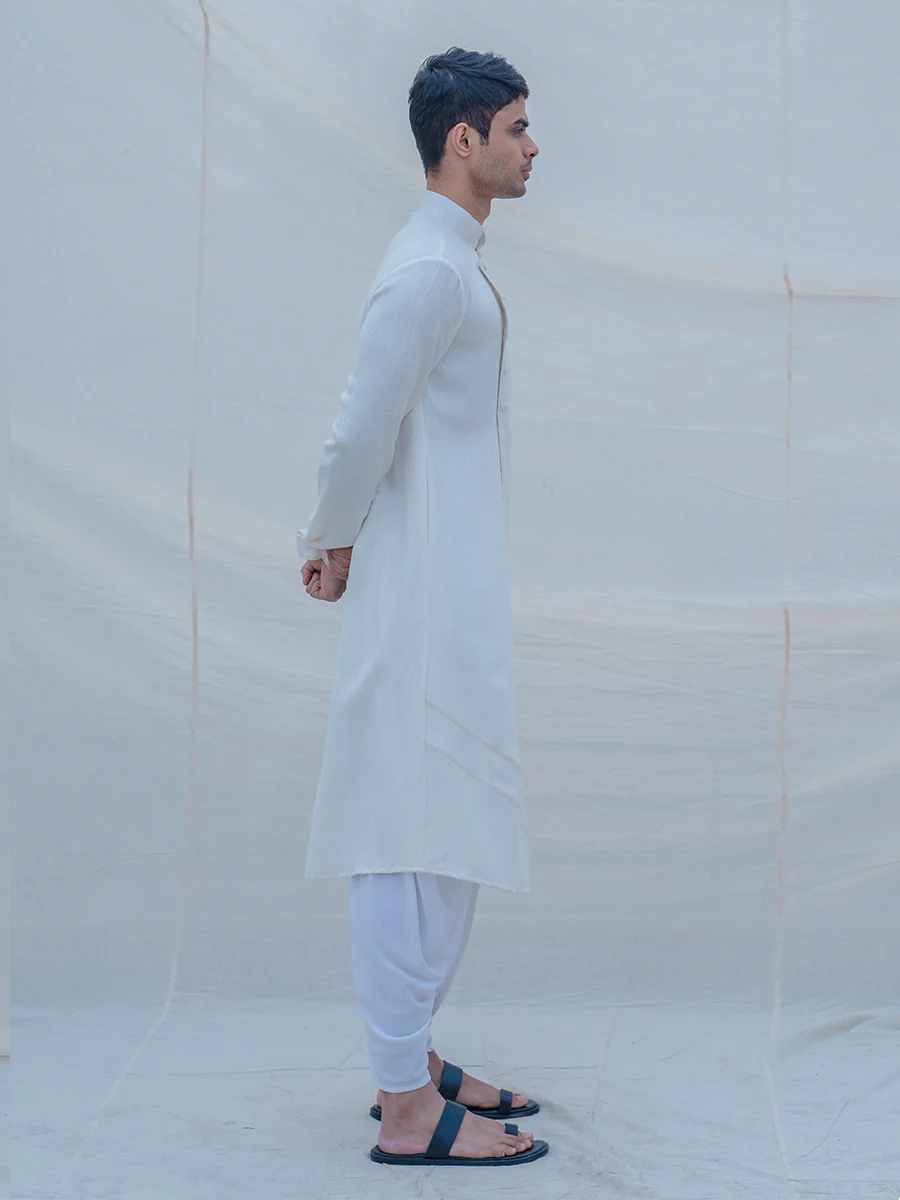 Off White Self Textured Kurta & Dhoti Set - Image 2