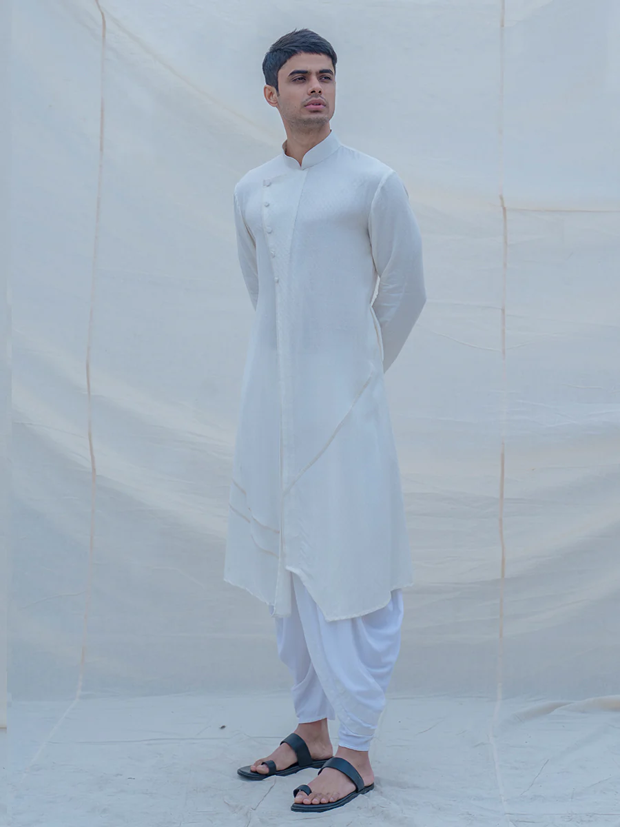 Off White Self Textured Kurta & Dhoti Set - Image 4