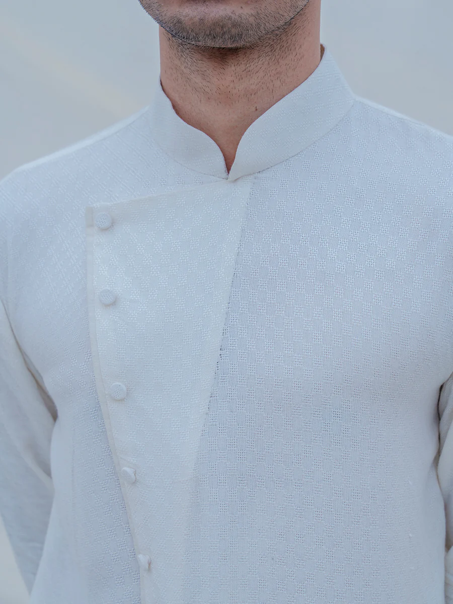 Off White Self Textured Kurta & Dhoti Set - Image 6