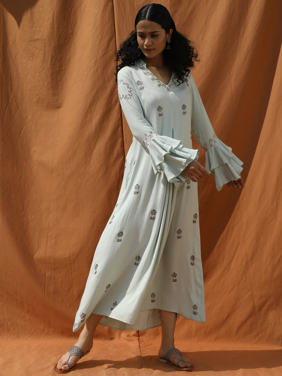 Eleane- Mint Green Block Print Dress With Bell Sleeve - Image 3