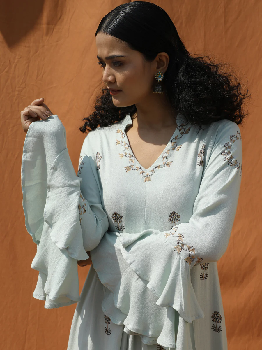 Eleane- Mint Green Block Print Dress With Bell Sleeve - Image 4