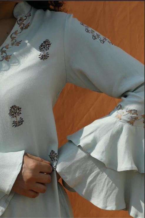 Eleane- Mint Green Block Print Dress With Bell Sleeve - Image 5