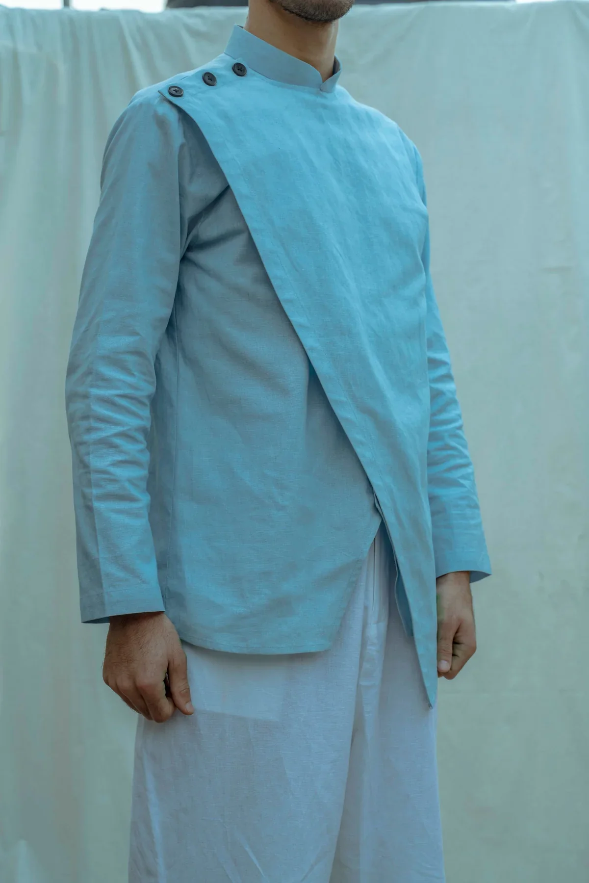 OVERLAPPED SHIRT KURTA IN LIGHT BLUE - Image 3