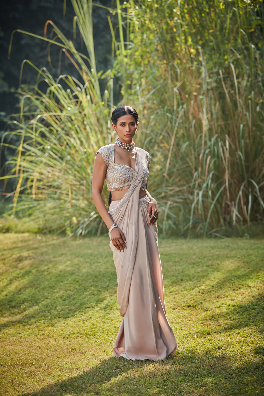 Pamela Champagne Draped Saree - Image 4