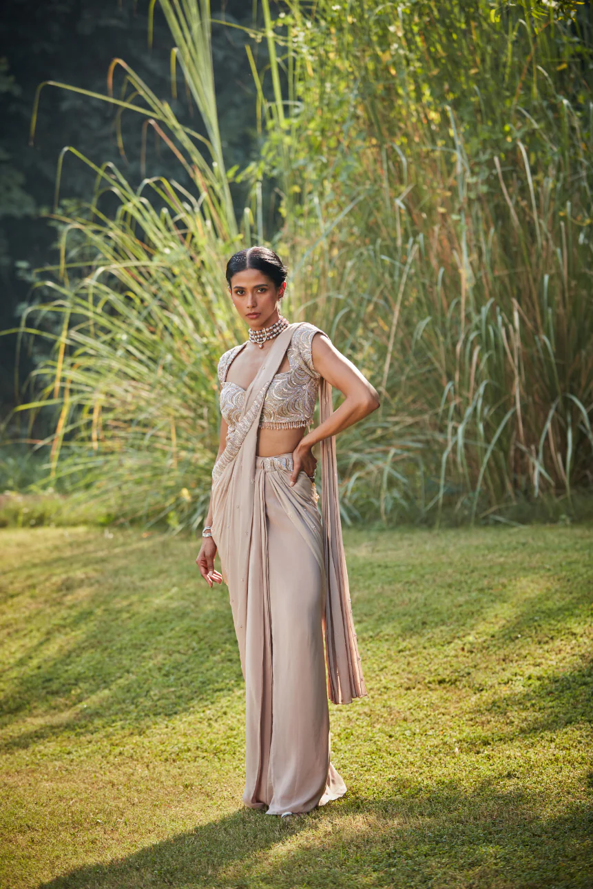 Pamela Champagne Draped Saree - Image 7