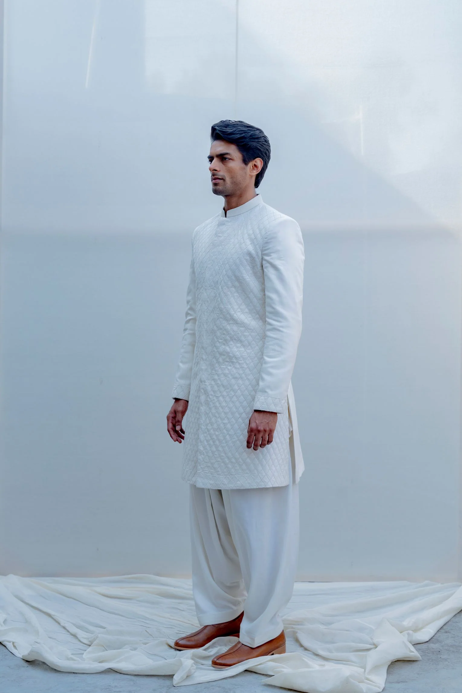Paragon- Off White Cross Embroidered Achkan With Kurta & Salwar Set - Image 3