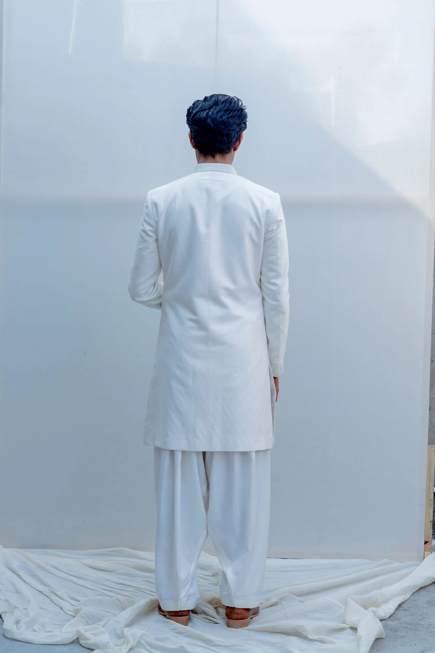 Paragon- Off White Cross Embroidered Achkan With Kurta & Salwar Set - Image 4